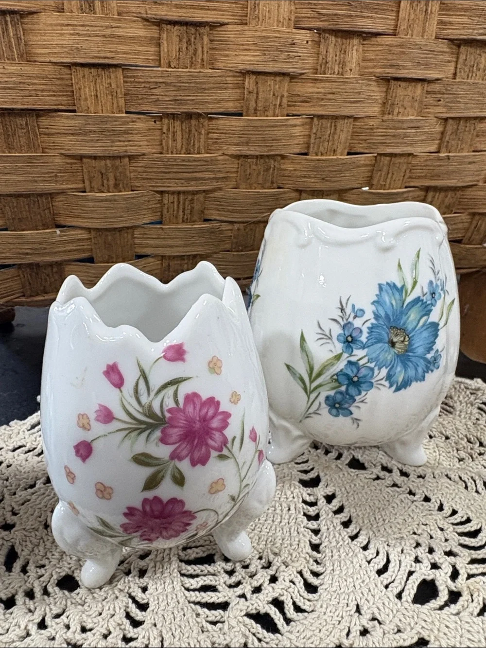 White Floral Porcelain Footed Vases Set - White with Pink & Blue Flowers